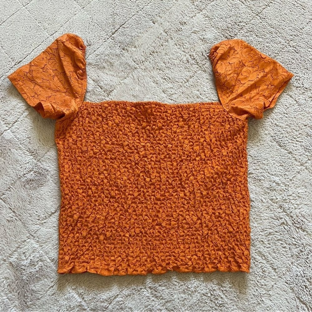 Express One Eleven Smocked Crop Top Puff Sleeve Cottage Preppy Minimalist Size L